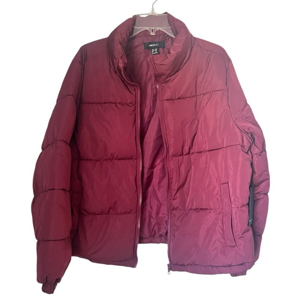 NWT Forever 21+ Burgundy Short Winter Cozy Zip Up Puffer Jacket Sz 1X
